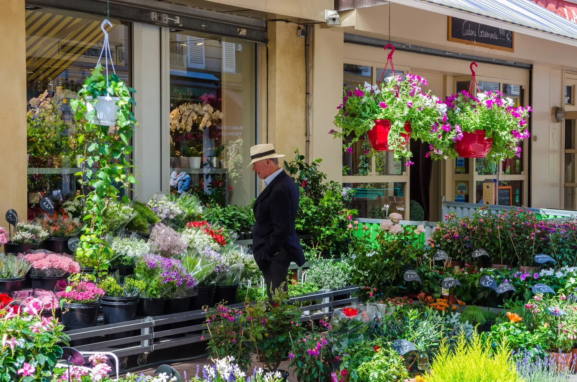 Devanture fleurie d'un fleuriste avec étals de plantes en façade, Ternes-Maillot, Paris 17e