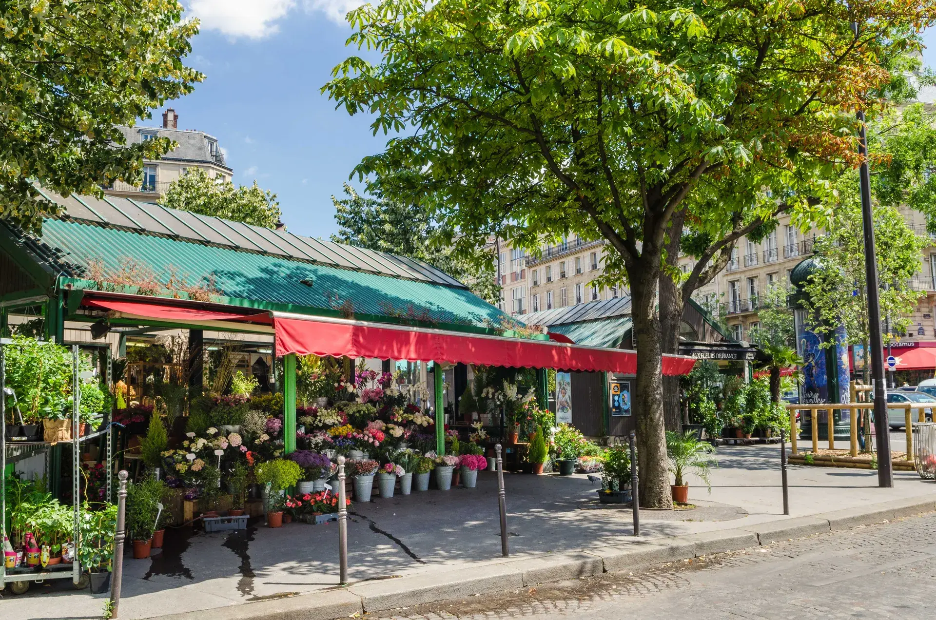 Kiosque de fleuriste sous auvent rouge et vert, quartier Courcelles Wagram, Paris 17e