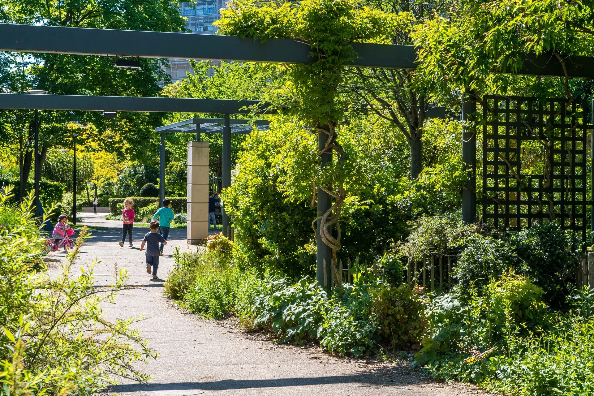 Allée arborée sous les pergolas d'un jardin animé, quartier Hôtel de Ville à Courbevoie